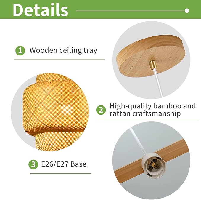 11.8inch Bamboo Pendant Light, Boho Chandelier Hand-Woven Wicker Rattan Hanging Ceiling Lighting, Rustic Farmhouse Pendant Lamp for Kitchen Island, Dining Room, Bedroom, Living Room, Foyer