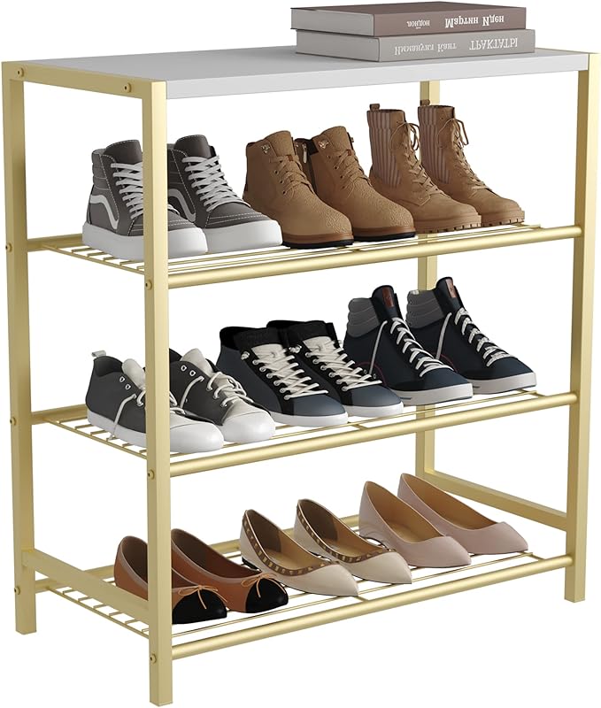 HOMEFORT 4-Tier Shoe Rack, Shoe Storage Shelf, Industrial Shoe Tower, Narrow Shoe Organizer for Closet Entryway, Small Shoe Rack Table with Durable Metal Shelves, Gold
