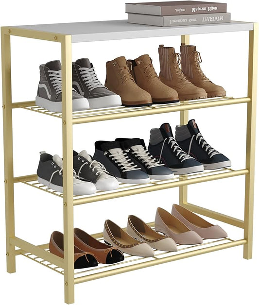 HOMEFORT 4-Tier Shoe Rack, Shoe Storage Shelf, Industrial Shoe Tower, Narrow Shoe Organizer for Closet Entryway, Small Shoe Rack Table with Durable Metal Shelves, Gold