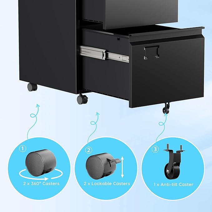 2 Drawer Mobile File Cabinet with Lock,Under Desk Metal Filing Cabinets for Home Office Fits Letters/Legal/A4 Size Folder, Assembly Required, Black