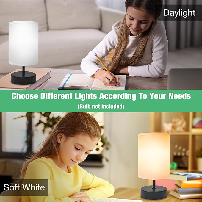 Small Lamp for Bedroom, Bedside Lamps for Night Stands, Mini Minimalist Table Lamp with Round Gray Fabric Shade, 9 Inch Desk Reading Lamp for Dorm Room Living Room Office Room, 2 Pack