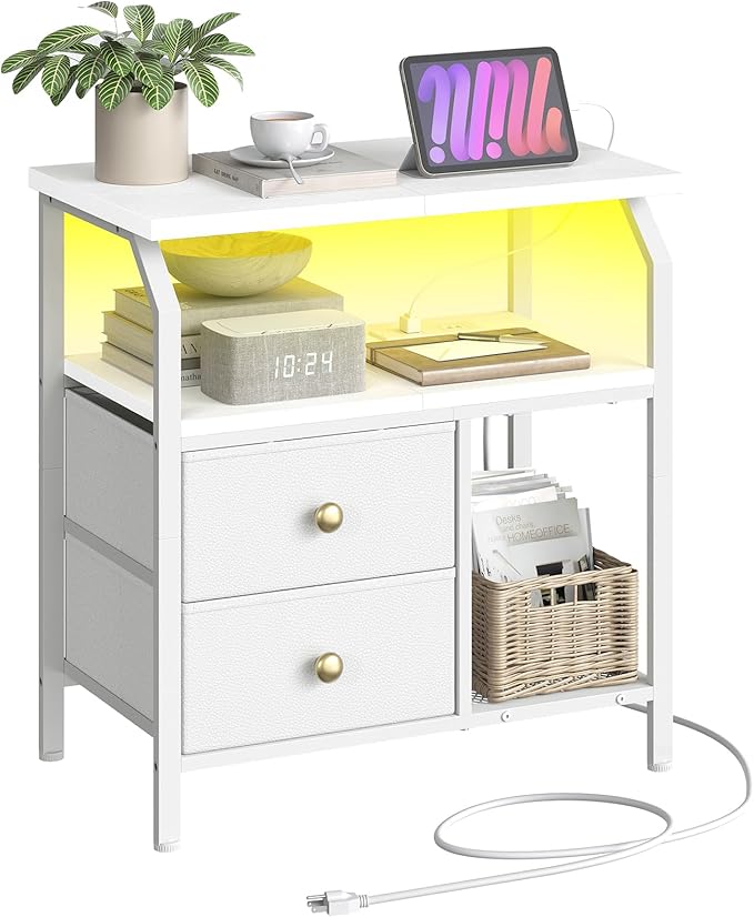 HOOBRO 23 inch Wide Nightstand with Charging Station and LED Light, Night Stand with 2 Fabric Drawers, Bedside Table, Dresser with Open Storage Shelf, End Side Table for Bedroom, White WT160UDBZ01
