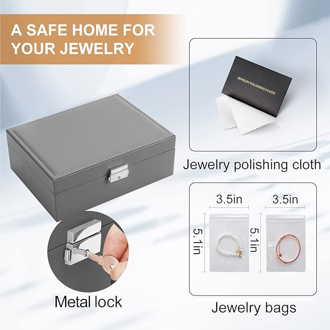 Jewelry Box for Women Girls 2 Layer Leather Travel Jewelry Organizer Storage Case with Lock and Removable Tray for Necklace Earrings Rings Bracelets Gift, Come with Polishing Cloth and Jewelry Bags