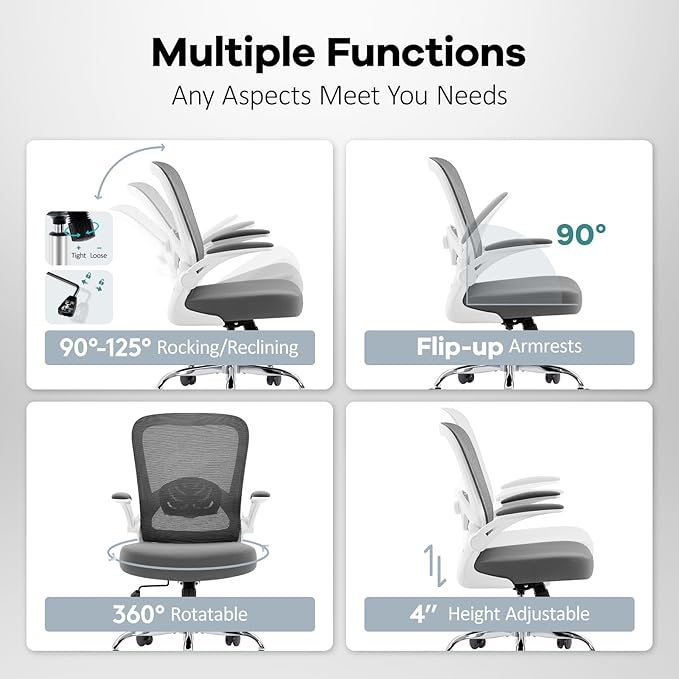 Office Chair,Ergonomic Desk Chair with Adjustable Lumbar Support, Mesh High Back Computer Chair with Flip-up Armrests,Rocking Tilt Rolling Swivel Executive Chair for Home Office Grey