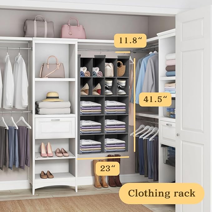 5 Tier Hanging Closet Organizer, 14 Compartments Sweater Organizer for Closet with 3 Sturdy Hooks, Closet Organizers and Storage, Wardrobe, Rv, Garment Rack, Grey
