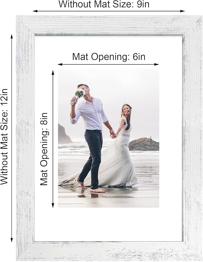 9x12 Picture Frame Set of 4 with Tempered Glass, Distressed White Frame Display 6x8 Picture with Mat or 9 x 12 Without Mat, Wooden Photo Frame for Wall Mount and Tabletop Display