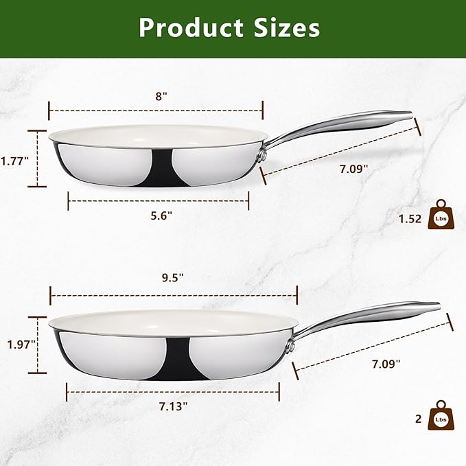 9.5 Inch Nonstick Ceramic Frying Pan, Tri-Ply Stainless Steel Skillet with Stay-Cool Handle, PFAS/PFOA/PTFE Free, No Seasoning Required, High Heat & Induction Safe, Dishwasher/Oven Safe