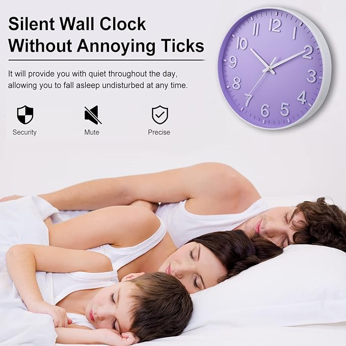 HZDHCLH Purple Wall Clocks Battery Operated,12 inch Silent Non Ticking Modern Wall Clock for Living Room Bedroom Kitchen Office Classroom Decor