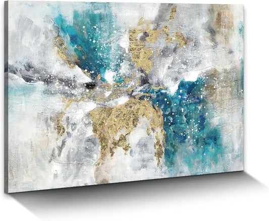 Abstract Teal Blue Canvas Wall Art: Gray White Colorful Minimalist Artwork Modern Glitter Gold Foil Painting for Bedroom