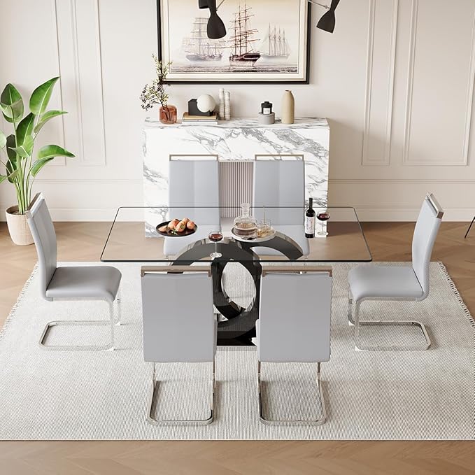63'' Glass Dining Table Set for 6, Kitchen Table Chairs Set of 6, Clear Glass Dining Table with Black unique design Leg and Silver Metal Base, 6 PU Dining Chairs with Metal Legs, Living Room, Kitchen.
