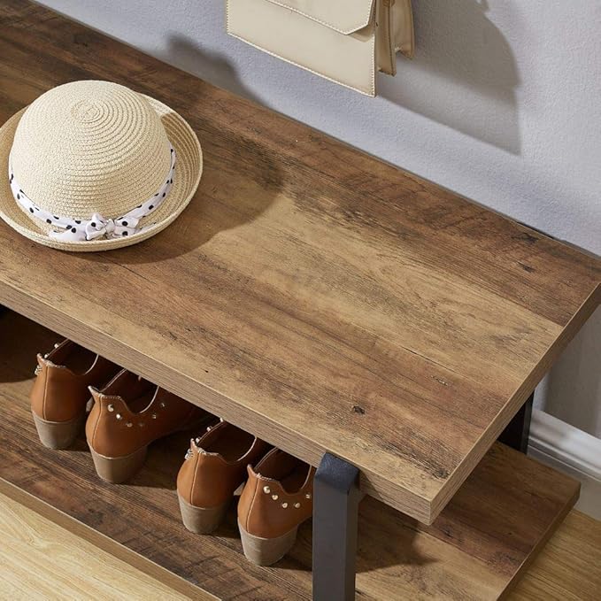 FOLUBAN Entryway Bench, Industrial Shoe Storage Bench for Bedroom Living Room, Modern Indoor Bench Seat for Hallway Front Door Entrance, Easy Assembly, Oak 47 inch