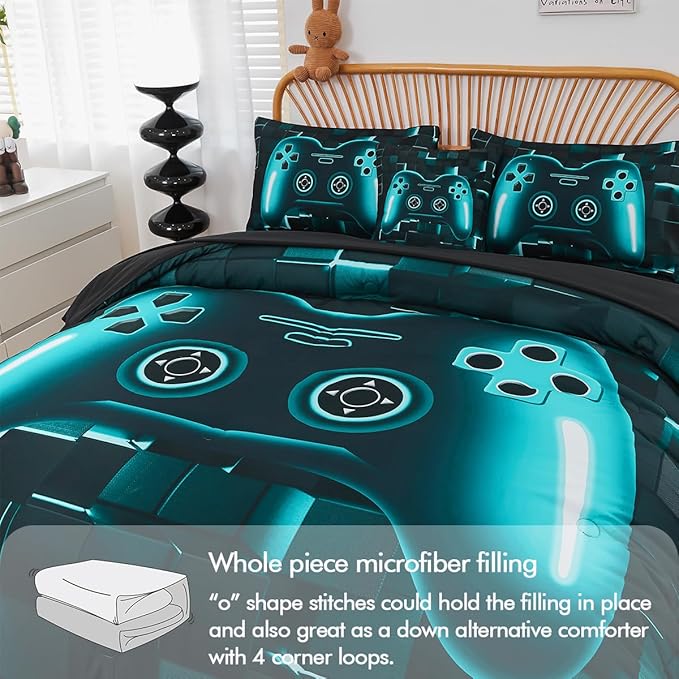 PERFEMET Gamer Bedding Set Twin Size 6-Piece Teal Blue Game Console Bed in A Bag for Boys Kids Teen 3D Black Gamepad Gaming Bedroom Collections(Teal, Twin)
