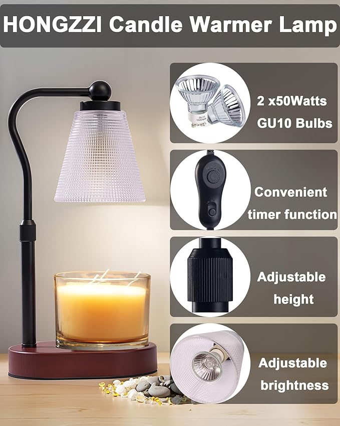 Candle Warmer Lamp with Timer, Dimmer, Adjustable Height, 2 Replacement Bulbs, Electric Candle Warmer for Jar Candles, Decorative Candle Lamps (Clear)