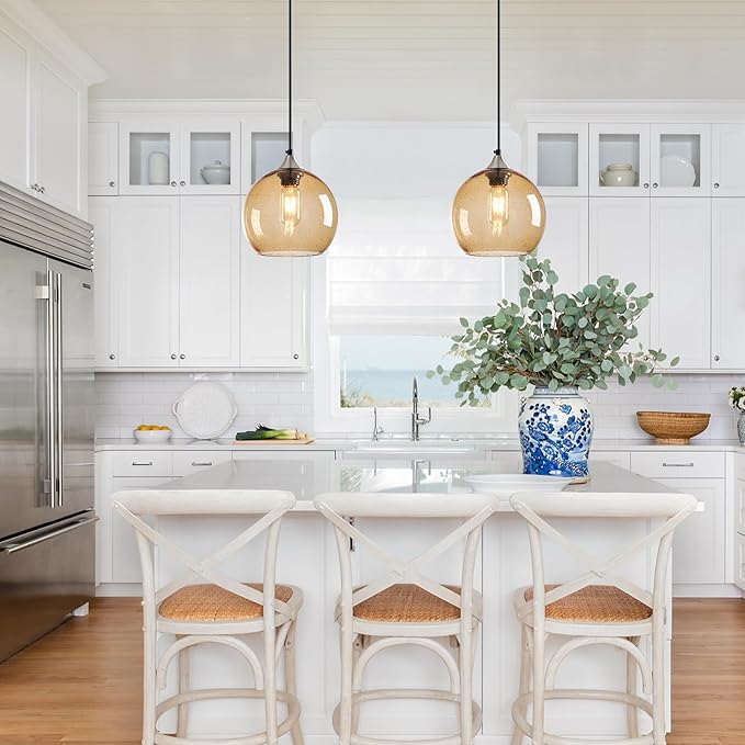 Light Brown Glass Pendant Lights Kitchen Island Lighting Globe Pendant Light Fixtures Modern Pendant Lighting for Bedroom Living Dining Room Light Fixture (7.87 in, 1 Pack)