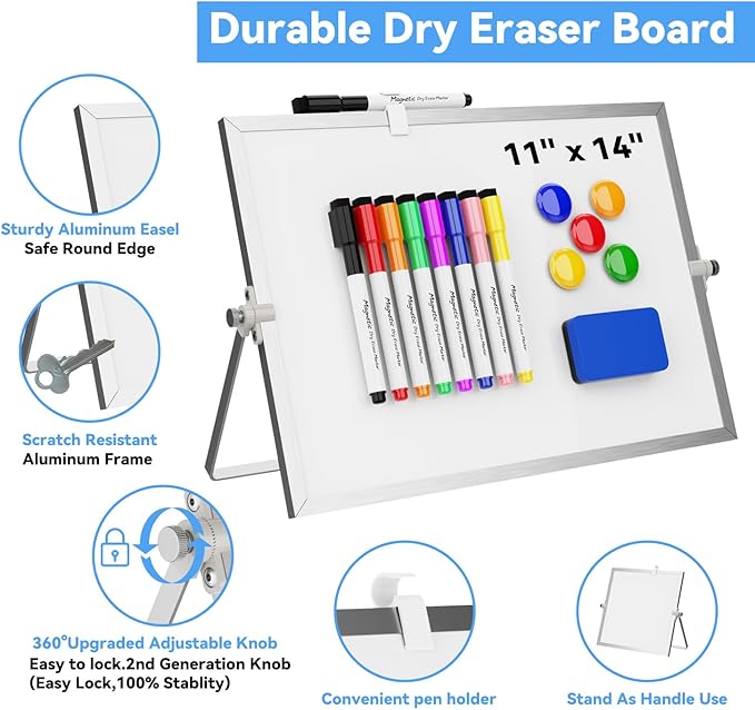 Dry Erase White Board, Cazeyoo Magnetic Desktop Whiteboard 11 x 14inch with Stand, 8 Markers, 4 Magnets and 1 Eraser, Portable Double-Sided White Board for Kids Drawing, Office, Home, School