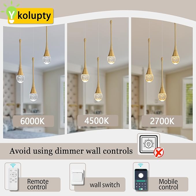 Single Head Gold Bubble Crystal Chandelier Modern LED Pendant Lights for Kitchen Island Dimmable 3000-6000k(3 Independence Light)…