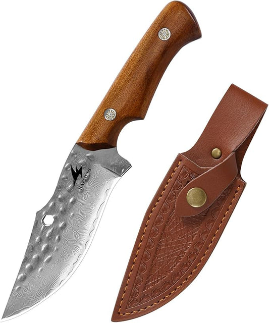 Meat Cleaver with Leather Sheath, Hand Forged Kitchen Utility Knife, 4.3" - Damascus Steel Blade for Cutting Meat, BBQ Brisket Knives for Home Outdoor Camping, Full Tang