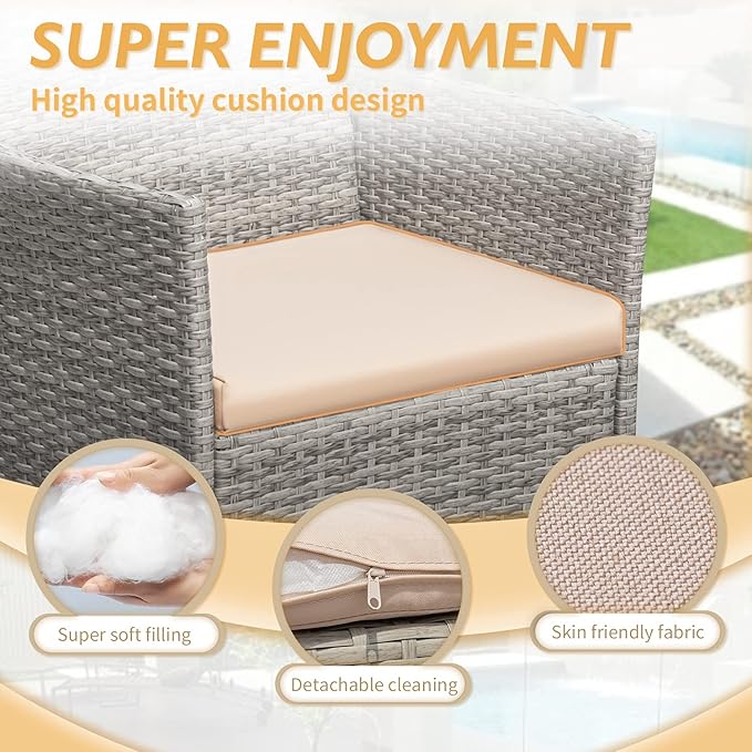 Greesum 3 Pieces Patio Furniture Sets Outdoor PE Rattan Wicker Chairs with Soft Cushion and Glass Coffee Table for Garden Backyard Porch Poolside, Gray and Beige