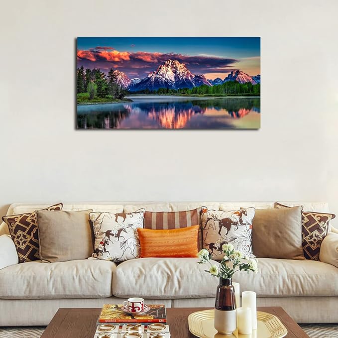Sunset Landscape Canvas Wall Art for Living Room Grand Teton Wyoming National Park Picture Wall Decor Snake River Mountain Forest Nautre Prints Artwork Bedroom Bathroom Office Home Decor 24" X 48"