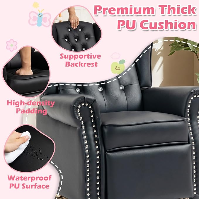 AVAWING Kids Wingback Recliner Chair with Studded Tufted Backrest & Nailhead Trim, PU Leather Kids Chair with Adjustable Backrest and Footrest, for Bedroom or Nursery (Black)