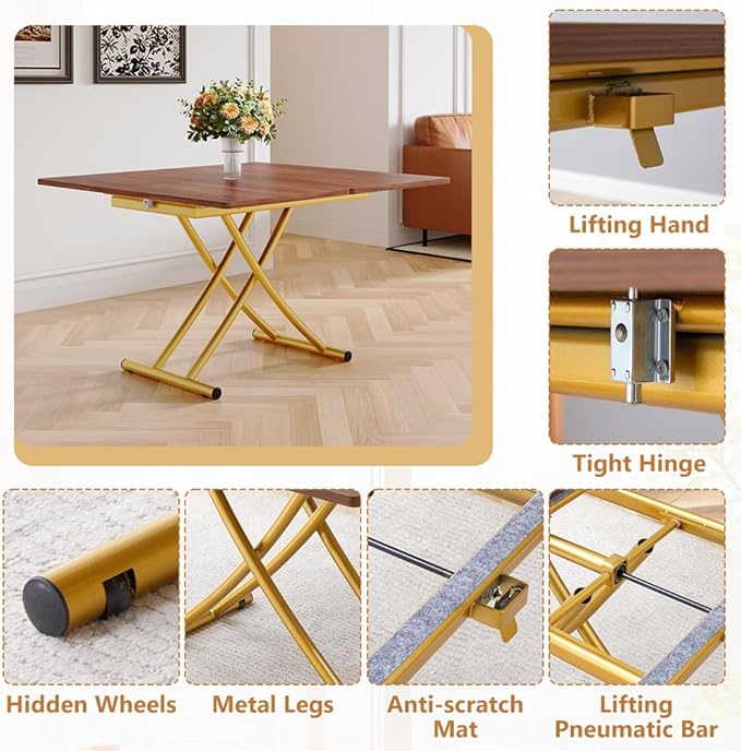 4 in 1 Folding Dining Table with Adjustable Lift Top & Wheels, Multi-Function Coffee Table to Dining Table for Apartments, Kitchens, Living Rooms, Scratch-Resistant & Easy Assembly
