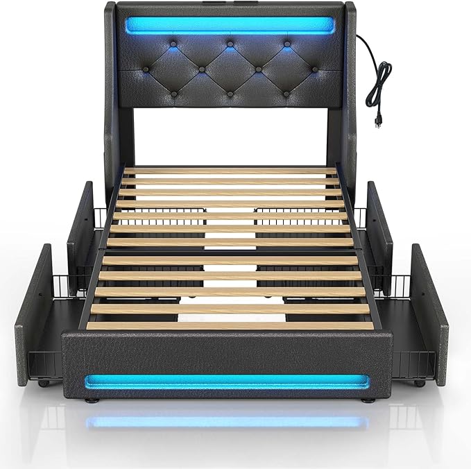 Rolanstar Twin Bed Frame with LED Lights and Charging Station, PU Leather Bed with Drawers, Wooden Slats, Noise Free, Easy Assembly, Black