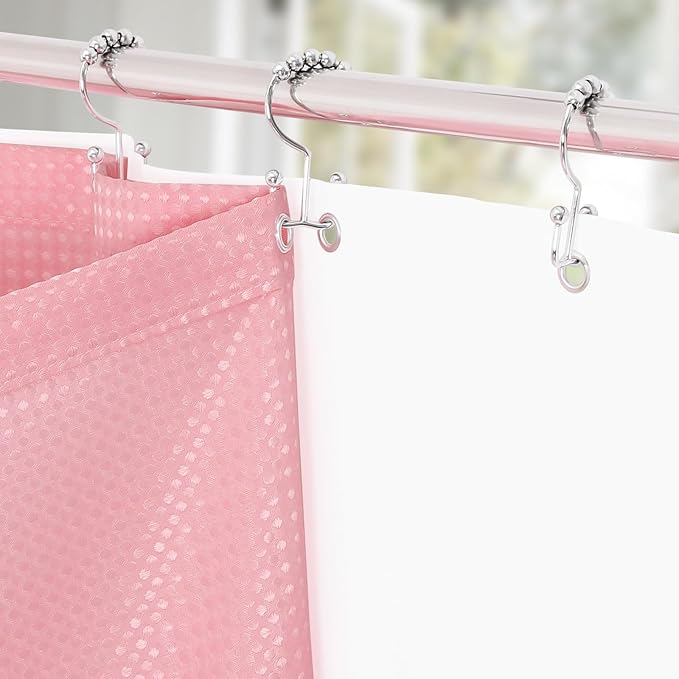 3 in 1 Extra Long Pink Shower Curtain Set-72 W x 84 H, Modern Waffle and PEVA Liner Set with 12 Stainless Steel Hooks, Waterproof Fabric for Bathroom