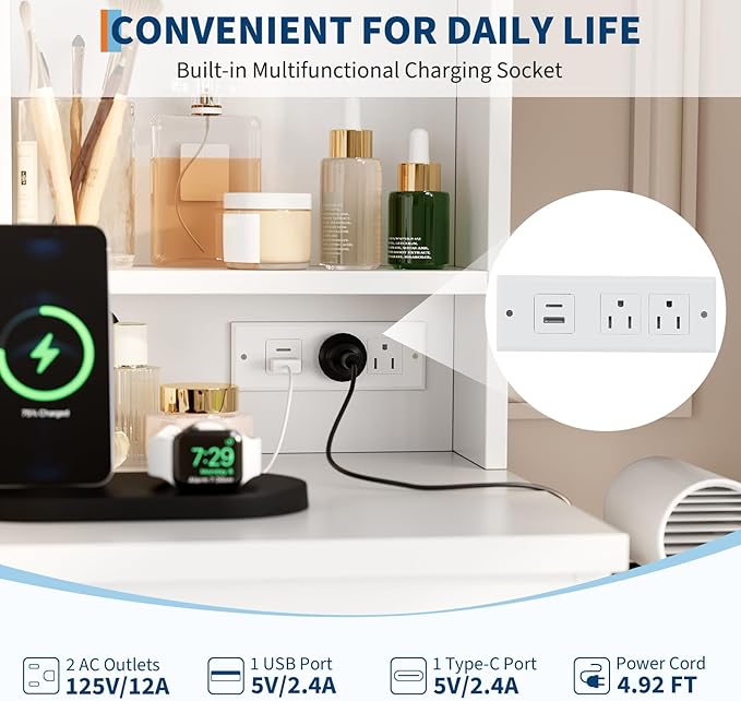 Vanity Desk with Mirror and LED Light, Vanity Desk with 4 Drawers, Power Outlet, Storage Stool, Storage Shelves & Hair Dryer Holder, Adjustable 3 Lighting Mode, Makeup Vanity Set for Bedroom, White