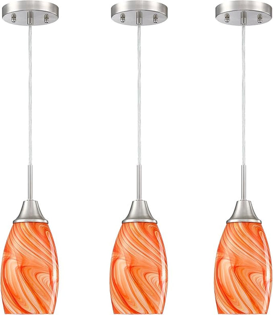 Mini Glass Pendant Light 4.72" with Handblown Orange Marble Art Glass Hanging Light 3-Pack Oval Ceiling Hanging Light Fixture for Dining Room Kitchen Island Cafe Foyer Hallway