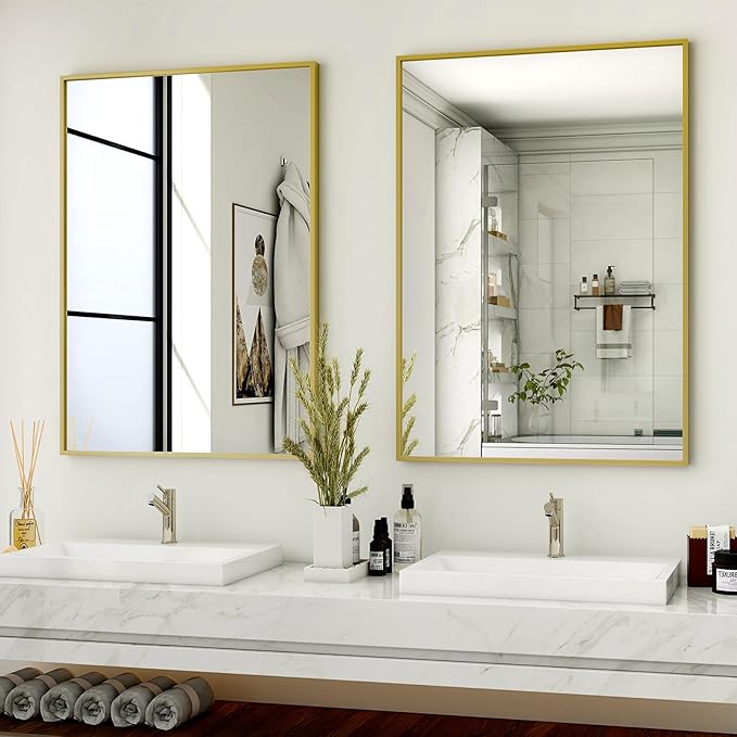 HARRITPURE 24"x36" Framed Bathroom Mirror for Wall Rectangle Mirror Aluminum Alloy Frame Wall-Mounted for Farmhouse Entryway Bedroom Living Room Gold