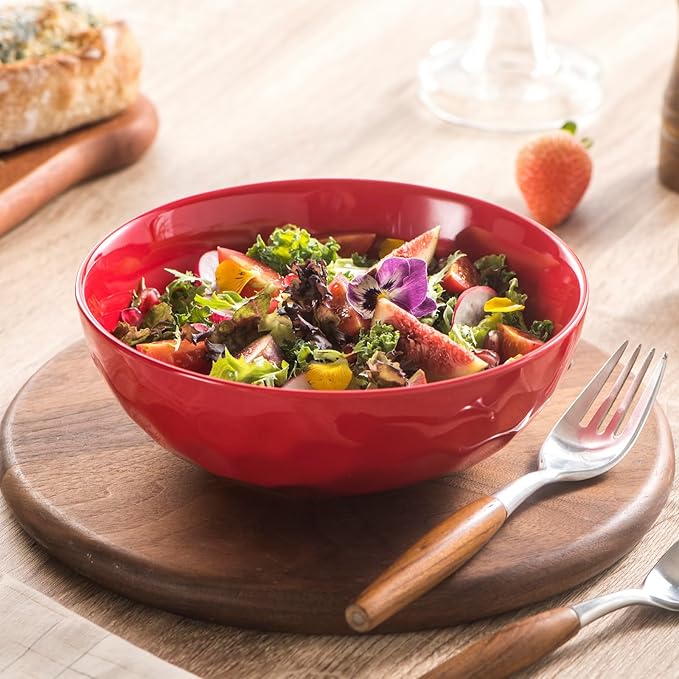 Vicrays Ceramic Pasta & Soup Bowls, Large Salad Bowls - Set of 6 Red, Fluted Stoneware, Dishwasher & Microwave Safe