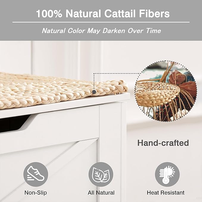 VECELO 43.3" Farmhouse Style Storage Bench, Entryway Shoe Ottoman, with Handwoven Cushion, with Metal Safety Hinges, for Bedroom, Living Room, Entryway, White