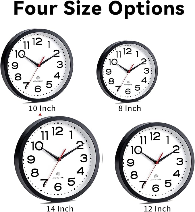 Atomic Wall Clock 10 Inch, Modern Clock Battery Operated Classic Analog Decorative for Kitchen, Living Room, Office, Bedroom, Bathroom (Black)