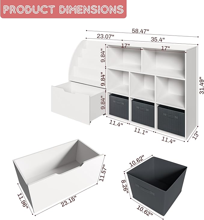 Kids Bookshelf and Toy Storage, Toy Storage Organizers with Movable Drawers & 3 Storage Bins, Kids Reading Nook Toy Organizers Shelf with 5 Cubbies, White