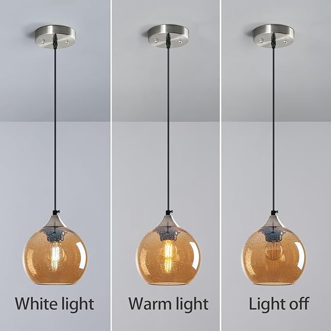 Amber Glass Pendant Lights Kitchen Island Globe Pendant Light Fixtures Modern Pendant Lighting for Bedroom Living Dining Room Light Fixture (5.9 in, 2 Pack)