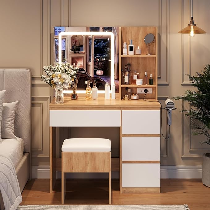 Vanity Desk with Mirror and LED Light, Vanity Desk with 4 Drawers, Power Outlet, Storage Stool, Storage Shelves & Hair Dryer Holder, Adjustable 3 Lighting Mode, Makeup Vanity Set for Bedroom, Natural
