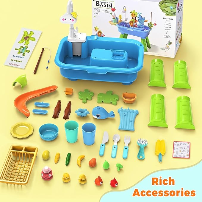 2026 Upgraded Water Table for Toddlers 1-3, Water Table with Pump,Toy Kitchen Sets for Kids Ages 4-8, with Detachable Legs, Play Sink with Electric Faucet, Includes Play Vegetables and Fishing Game