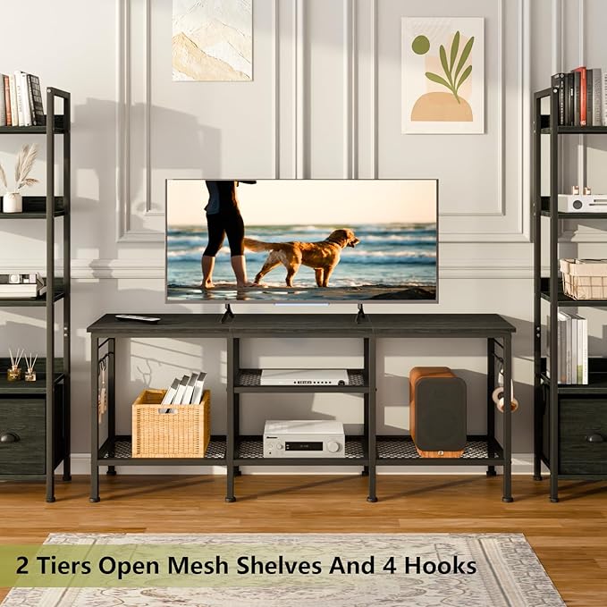 Furologee TV Stand for TVs up to 55 Inch, Entertainment Center with Open Storage Shelves, Media Console Table with Soundbar Shelf for Living Room, Bedroom, Black Oak