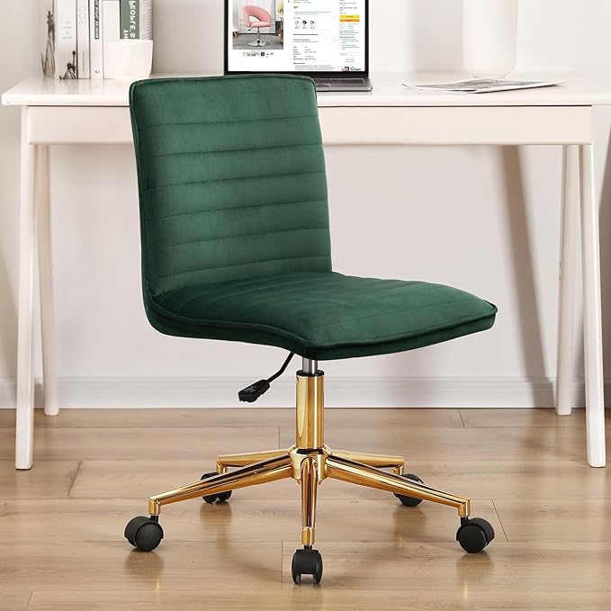 Furnimart Velvet Home Office Armless Desk Chair Adjustable Task Chairs Small Swivel Upholstered Office Chair Students Desk Chair Mid-Back Home Office Chair Dorm Chair (Velvet-DarkGreen)