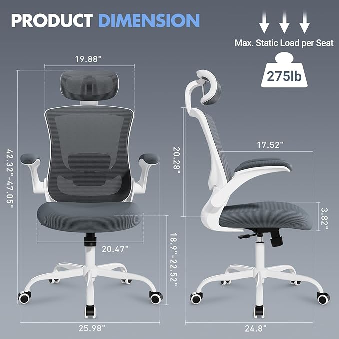 High Back Office Chair with Adjustable Lumbar Support & Headrest, Ergonomic Mesh Desk Chair with Flip-Up Armrests, Breathable & Comfortable Computer Chair for Home, Office & Study, Grey