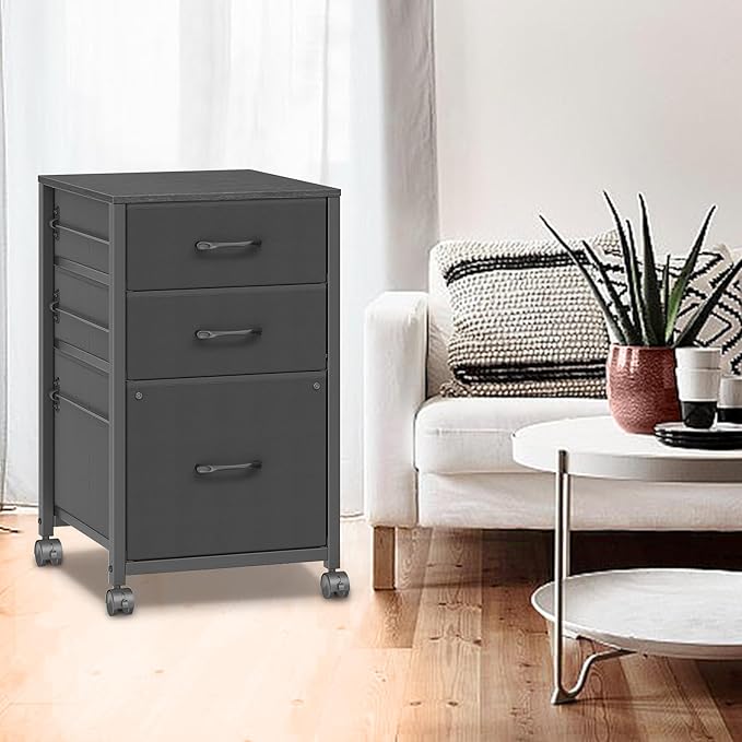Raybee 3 Drawer File Cabinet Printer Stand Filing Cabinet Rolling File Cabinets for Home Office Fabric Vertical Office Storage Cabinet Fits A4, Legal, Letter Size, 16.7" D*16" W*26.8" H, Black