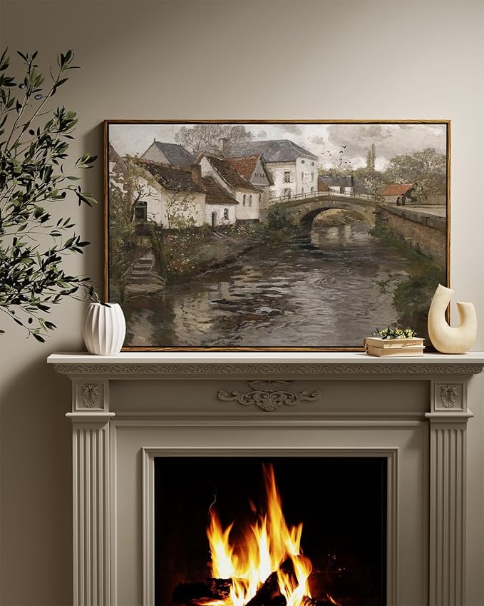 InSimSea Framed Canvas Wall Art Vintage Decor, Riverside Small Town Large Canvas Prints Home Decor, Rustic Farmhouse Hanging Wall Decor for Bedroom Living Room, 24"x36"