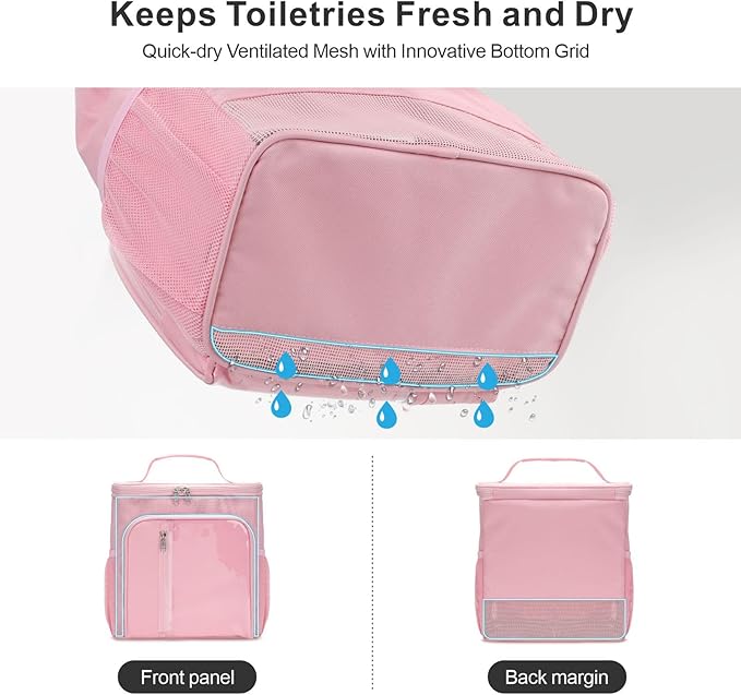 F-color Hanging Shower Caddy Portable - College Dorm Essentials for Guys with Hooks, Quick-Dry Shower Bag for Dorm Travel Gym Camping, Water-Resistant with Multiple Pockets, 2 Packs Pink