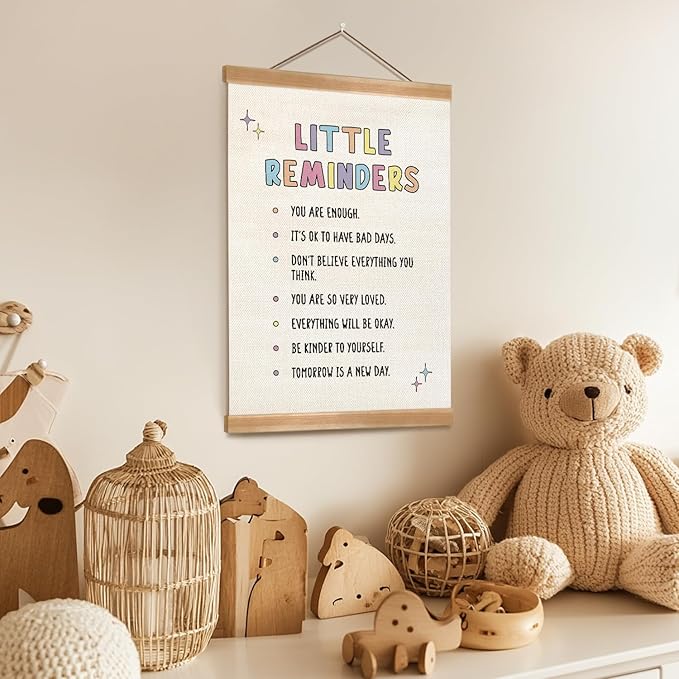ZTGDA Little Reminders Mental Health Wall Art – Positive Affirmations Poster with Wooden Hanger, Motivational Canvas Sign for Kids Room, Therapy Office, or Classroom Decor, 12x16 Inches (Reminders)