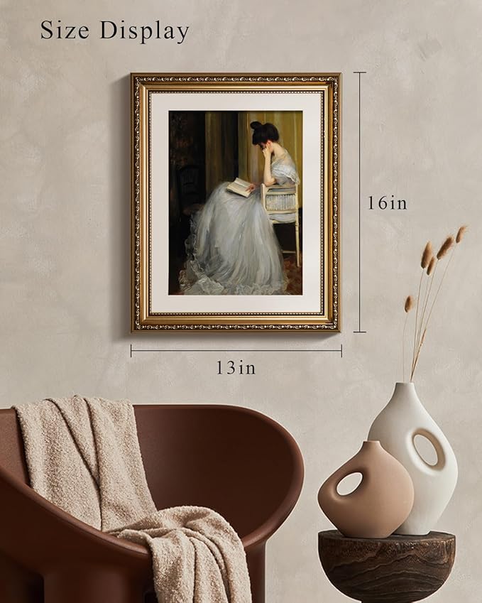 VIYYIEA Gold Framed Wall Art Canvas Print Home Decor for Living Room Women Reading Pictures for Bedroom Bathroom Wall Decor Women Portrait Art Wall Painting Vintage Art Prints Room Wall Decor 13x16in