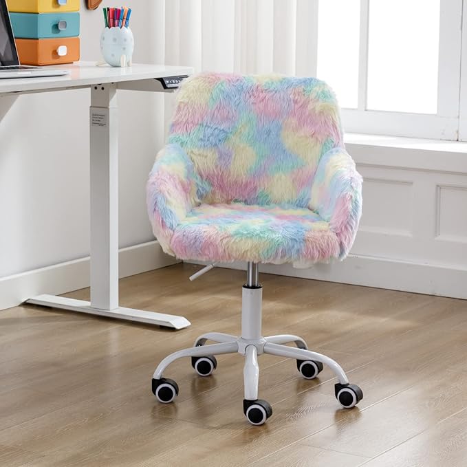 HEAH-YO Swivel Kids Chair, Adjustable Desk Chair with Armrest and Back, Cute Faux Fur Study Chairs for Boys and Girls, Rainbow Color