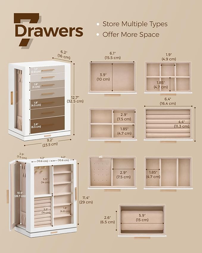 360° Rotating Jewelry Box with 7 Drawers, Spacious Vertical Jewelry Organizer with Glass Window, Jewelry Storage Case, Dustproof & Moisture-resistant Design, White