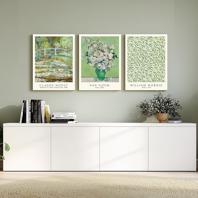 FASWQ Framed Monet Van Gogh William Morris Wall Art, Grass Botanical Wall Decor, Mid Century Impressionist Canvas Paintings, Modern Green Landscape Poster Print for Living Room Bedroom 12"x16"x3