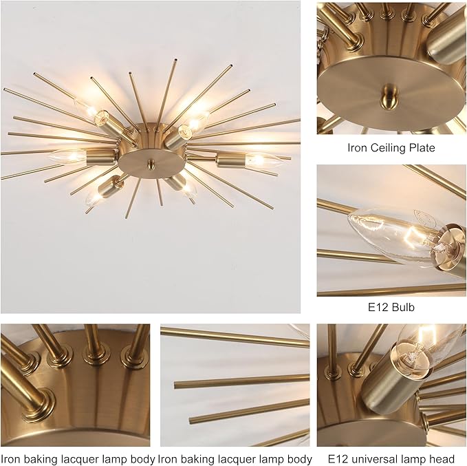 Jaycomey 6-Lights Sputnik Light Fixture Flush Mount Gold Ceiling Lights Modern Firework Metal Ceiling Lighting Mid Century Chandelier for Farmhouse Dining Room Bedroom Hallway Living Room, E12
