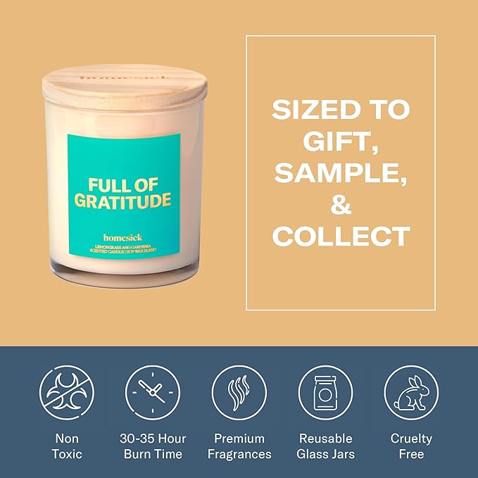 Homesick Scented Candles for Home (Full of Gratitude) - 7.5 oz Long-Lasting Natural Soy Wax Blend Jar Candle Gift for Women & Men, 30-35 Hours Burn Time - Notes of Lemongrass & Gardenia
